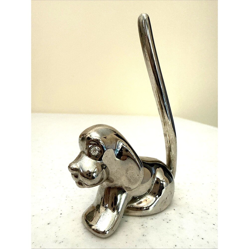 Vintage Silver Tone Dog Puppy Figurine Ring Holder Clear Rhinestone Eyes